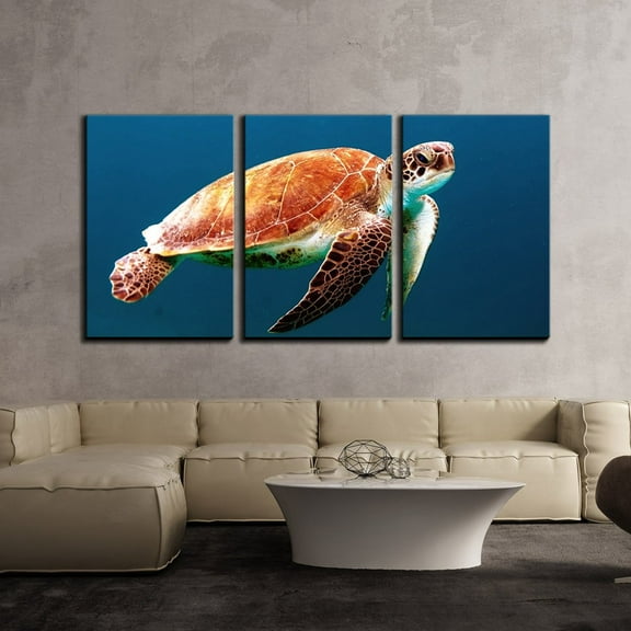 wall26 - 3 Piece Canvas Wall Art - Sea Turtle Swiming Under The Ocean - Modern Home Art Stretched and Framed Ready to Hang - 16"x24"x3 Panels