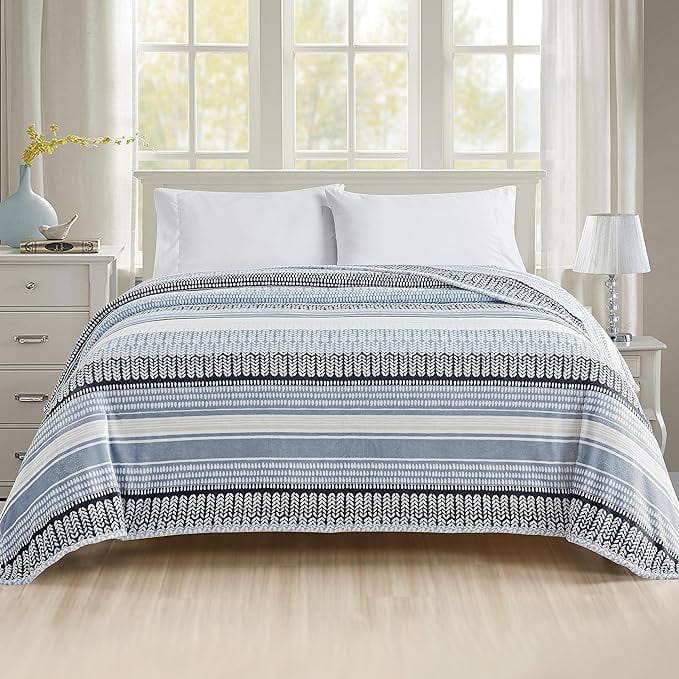 Elegant Comfort Soft Print Flannel Fleece Bed Blanket, Cozy-Fuzzy Lightweight Bedspread Coverlet, All season Decorative Blanket for Couch, Sofa, Striped Design, King Size, Anissa
