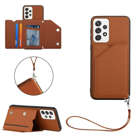 Elehold Lanyard Wallet Case for Samsung Galaxy A53 5G 6.2 Inch Max Premium vegan leather with Wrist Strap,Shockproof Magnetic Buckle Flip Kickstand Credit Card Slots Anti-Scratch Protective Case,Brown