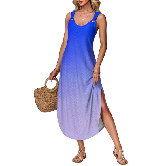 Women's summer long dress, sleeveless with side slits, long gradient vest dress Blue L