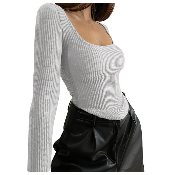 XFLWAM Women's Sexy Square Neck Rib Knitted Sweater Shirt Solid Color Basic Stitch Long Sleeve Skinny T Shirts Blouses Pullover Tops White M
