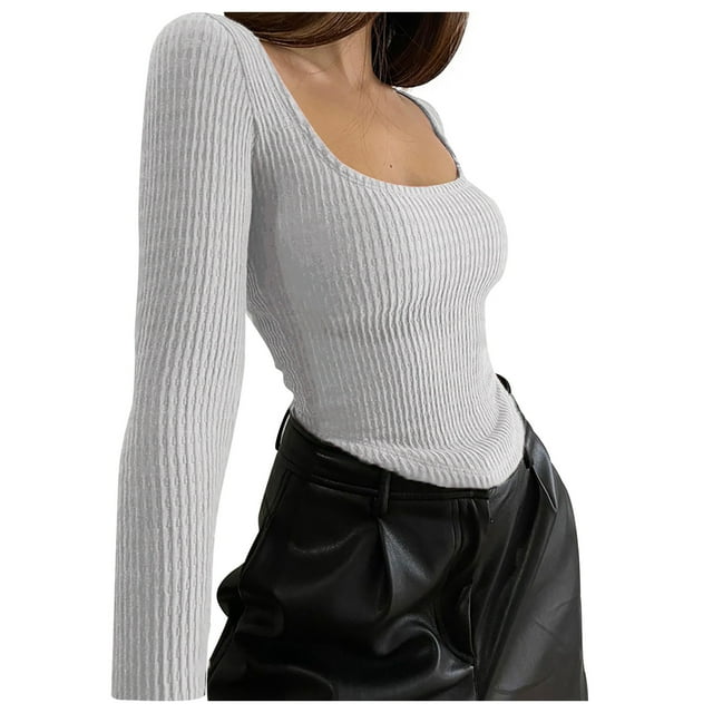 Yuyuzo Womens Ribbed Knit Tops Long Sleeve Square Neck Shirts 2025 Spring Slim Tees