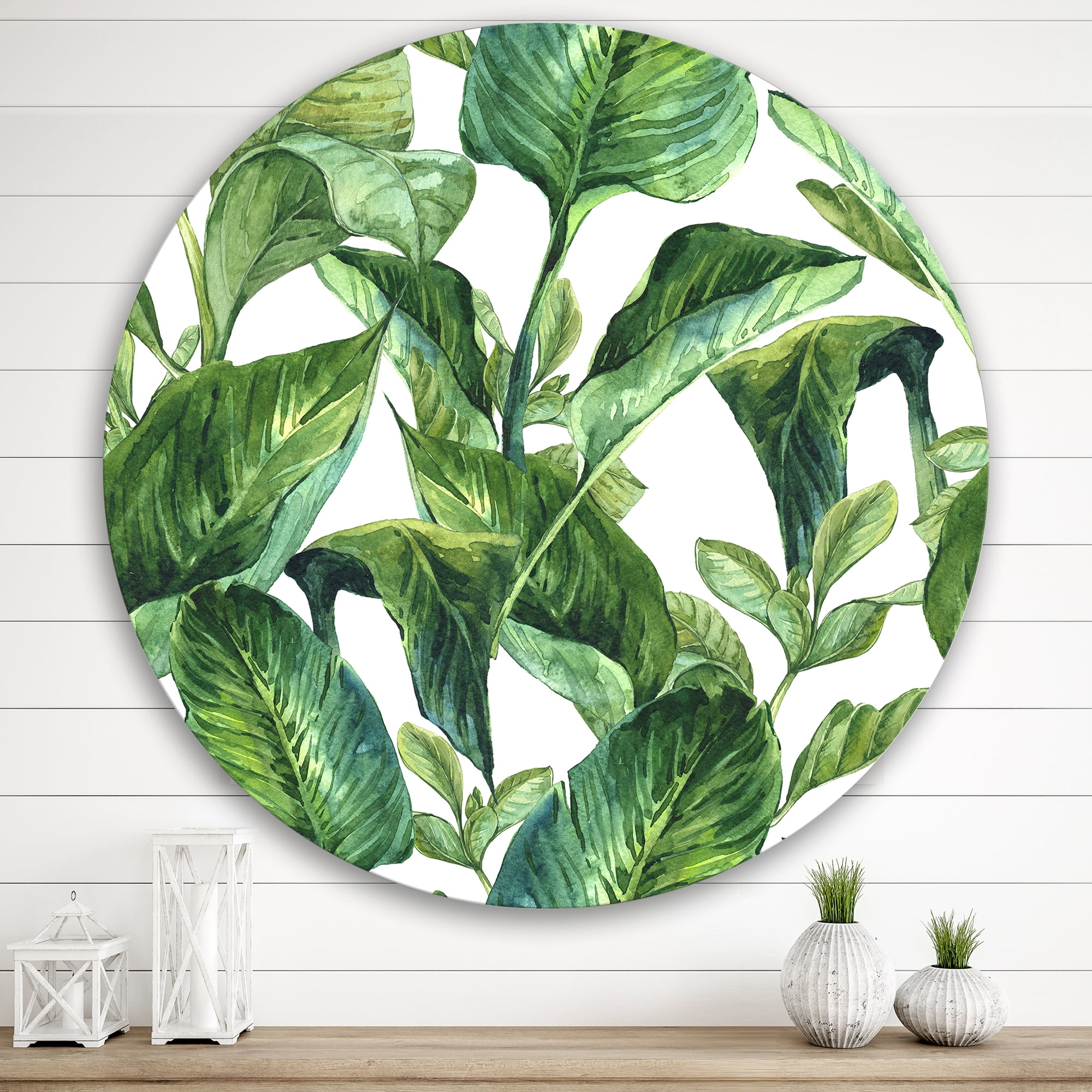 Designart 'Foliage Of Tropical Leaves On White' Tropical Circle Metal Wall Art 29x29 - Disc of 29