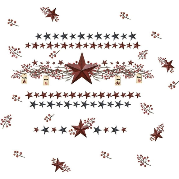 83 pcs Stars and Berries Wall Stickers Vintage Western Country Home Farmhouse Wall Decor Five-Pointed Star Decals Kitchen Stickers Rustic Decor