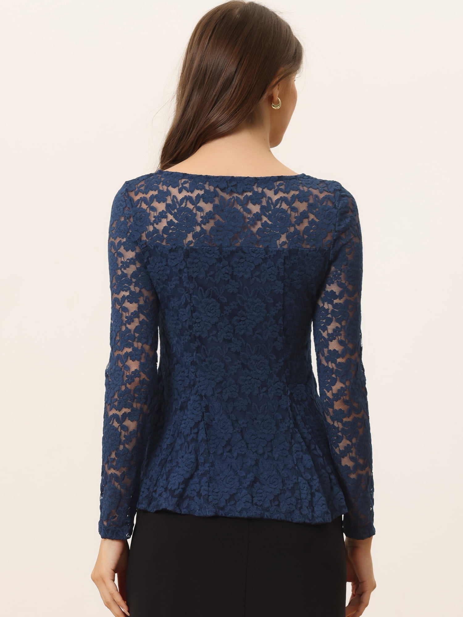 DARING DIVA Lace Peplum Tops Elegant Floral Lace Blouse S Dark Blue