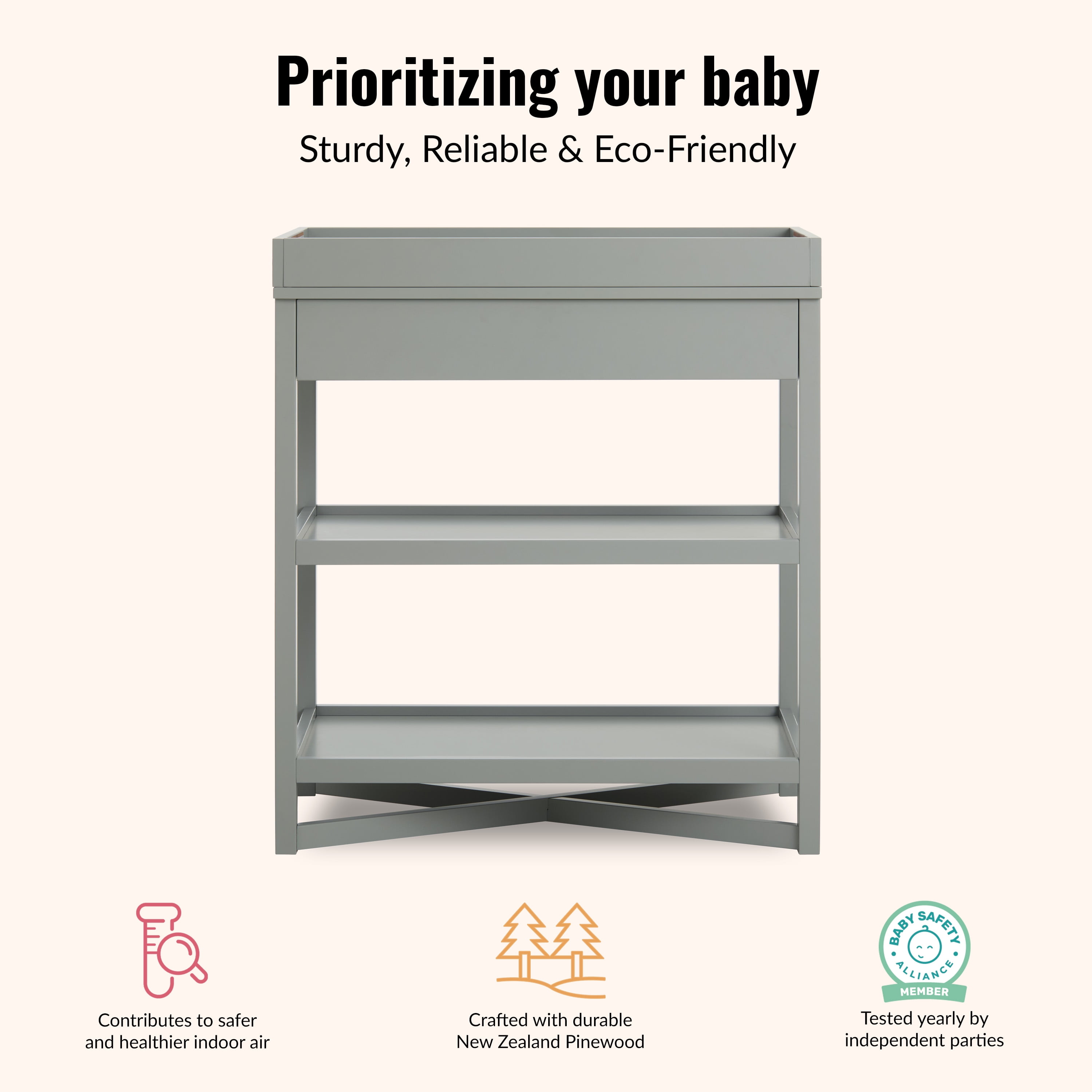 Dream On Me Owen Changing Table in Sea Grass, JPMA Certified, with two bottom shelves for storage