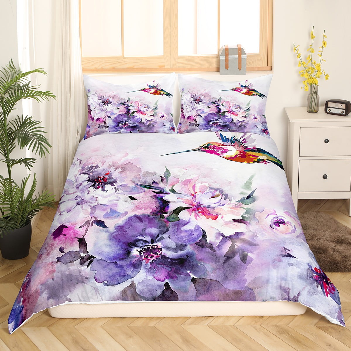 Lilac Purple Floral & Hummingbird Fitted Bedsheets – Kawaiies