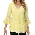 thumbnail image 4 of DDAPJ pyju Chiffon Blouses for Women Dressy Casual Ruffle 3/4 Length Sleeve V Neck Tops Boho Floral Shirt Ofertas Prime Yellow XL, 4 of 8