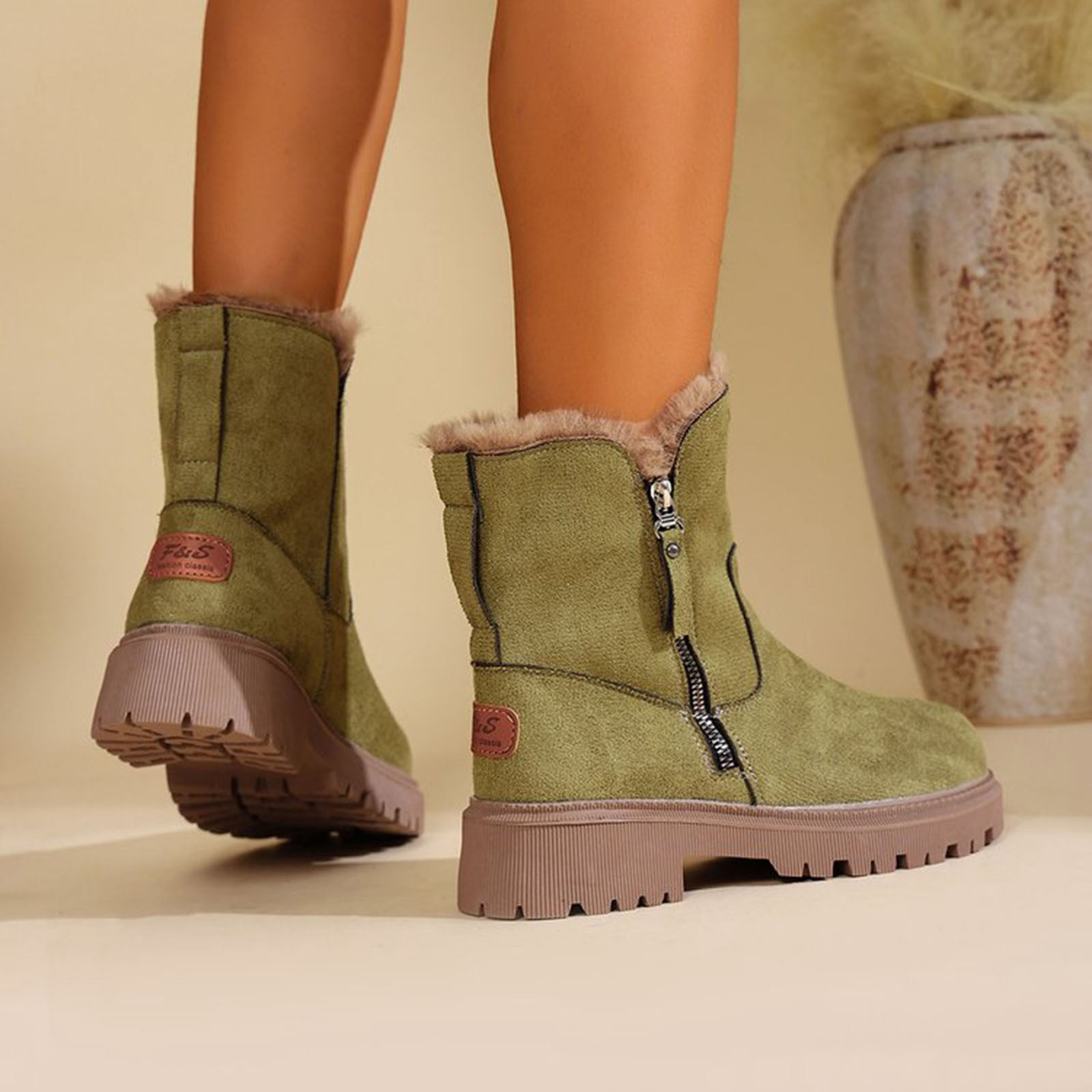 Xfvqtps Thermal Winter Boots for Women Warm Furry Lined Mid Calf Boots Waterproof Snow Shoes Non Slip Sole Outdoor Hiking Booties Comfortable Green