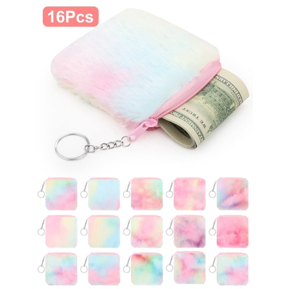 EEEkit 16pcs Rainbow Plush Coin Purse, Small Fuzzy Wallet for Women, Zipper Purse with Keychain