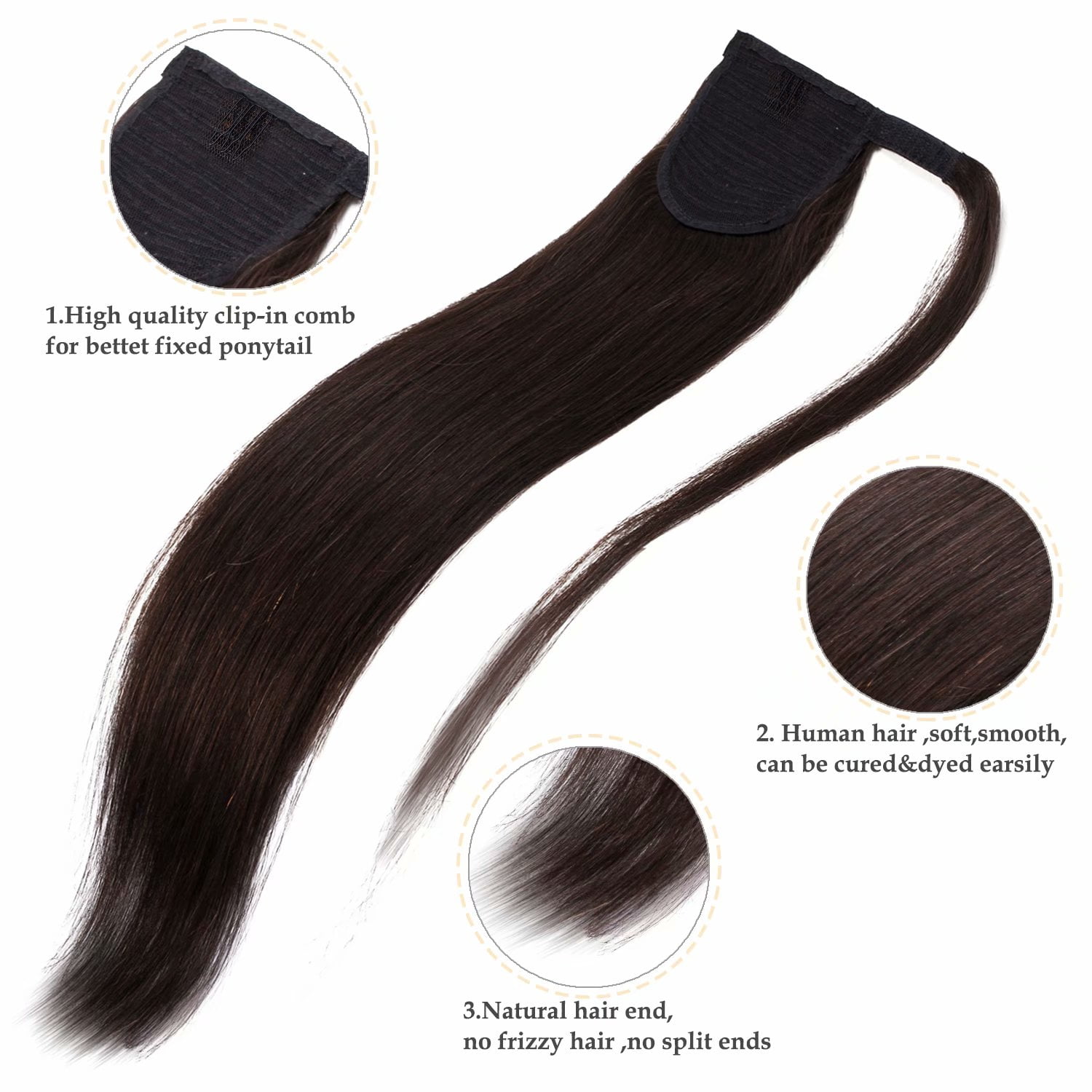 Benehair Hair Extensions Ponytail Human Hair Wrap Around #2 Dark Brown Hair Ponytail Extension Real Human Hair One Piece 14" 80g