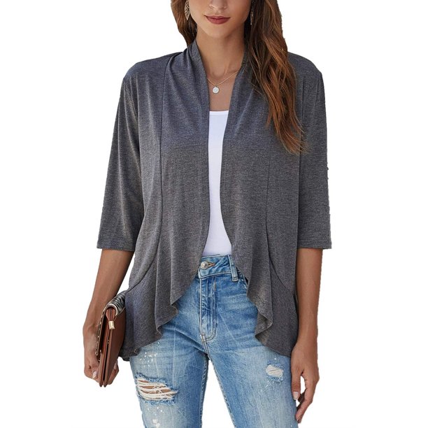 covow Women's Casual Lightweight Open Front Cardigans Soft Draped Ruffles 3/4 Sleeve Cardigan