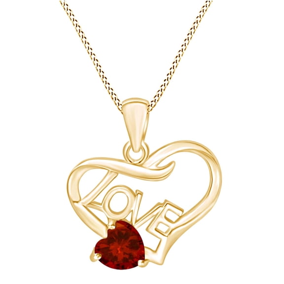 Valentine's Day Gift Heart Shape Simulated Garnet Love Heart Pendant Necklaces In 14K Yellow Gold Over Sterling Silver