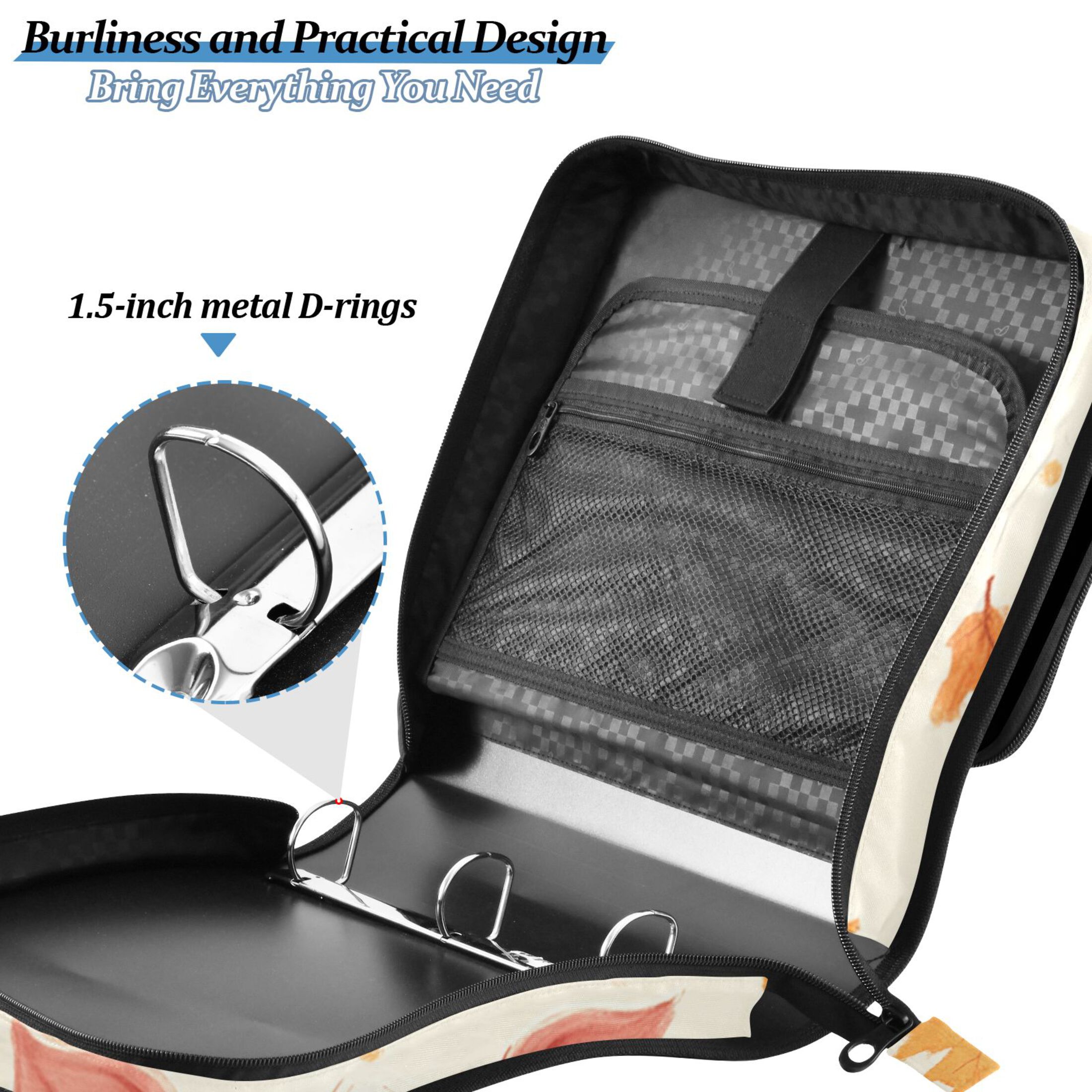 3 Ring Zipper Binder with Shoulder Strap Waterproof Trapper Keeper 2 Inch D-Ring 500 Sheets Capacity Lovely Pig and Leaf