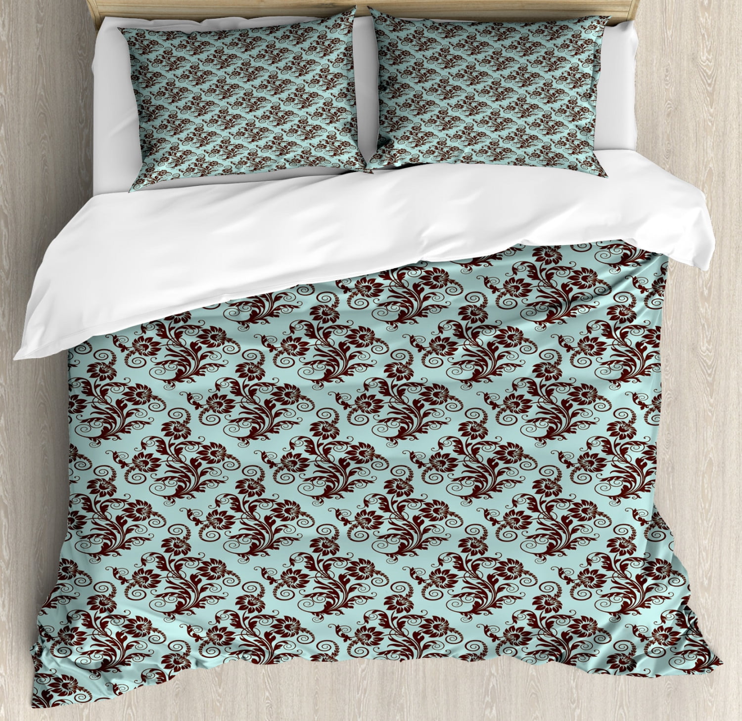 Art Nouveau Queen Size Duvet Cover Set, Vintage Swirls Vibrant Foliage