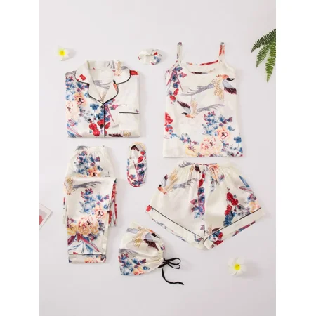 

7 Pack Women‘s Sleepwear Silk Satin Floral Print Pajama Set With Eye Covering & Bandana Headband Bag