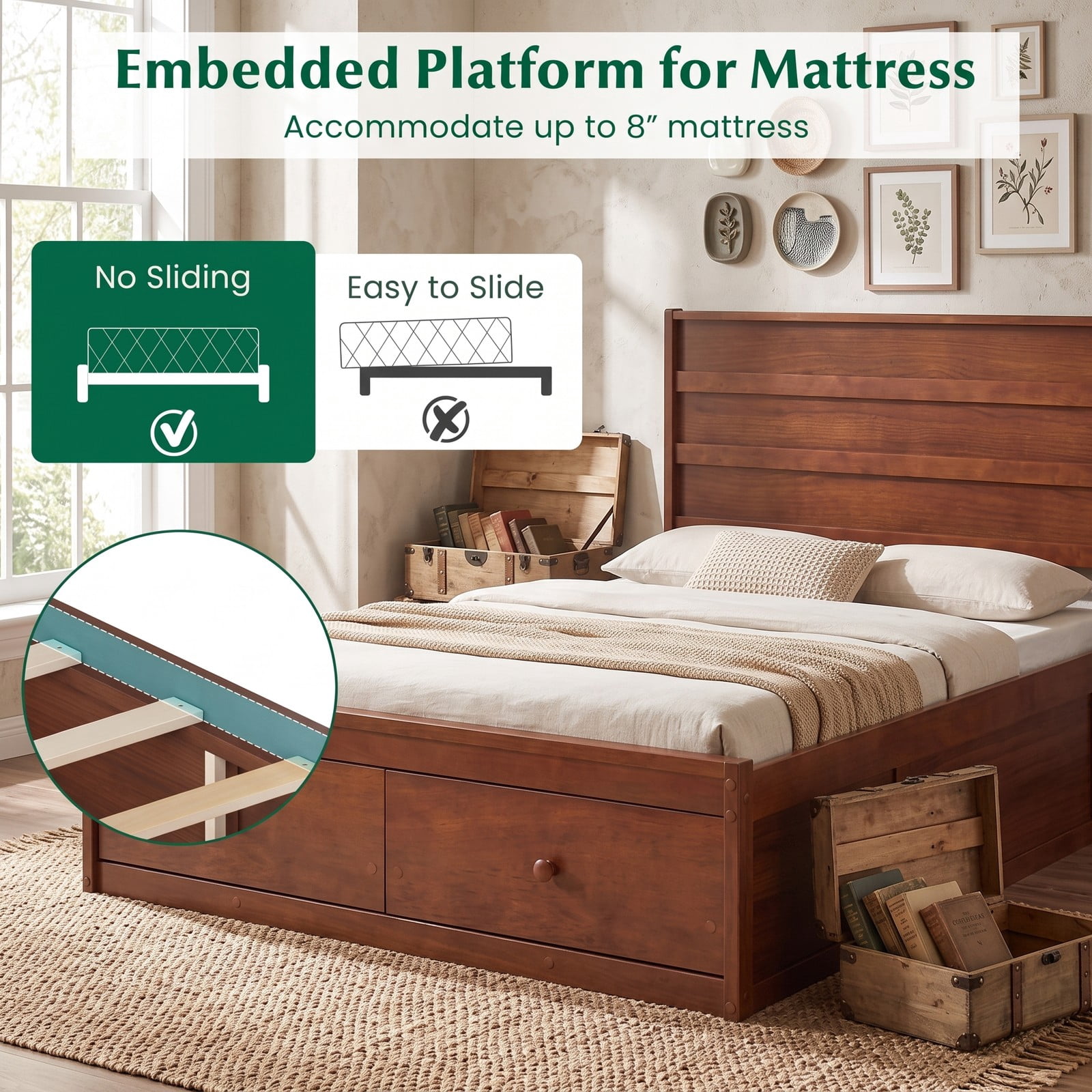 Furnibear Full Size Bed Frame with Storage, Wooden Platform Bed with Plank Headboard and 2 Storage Drawers, Walnut