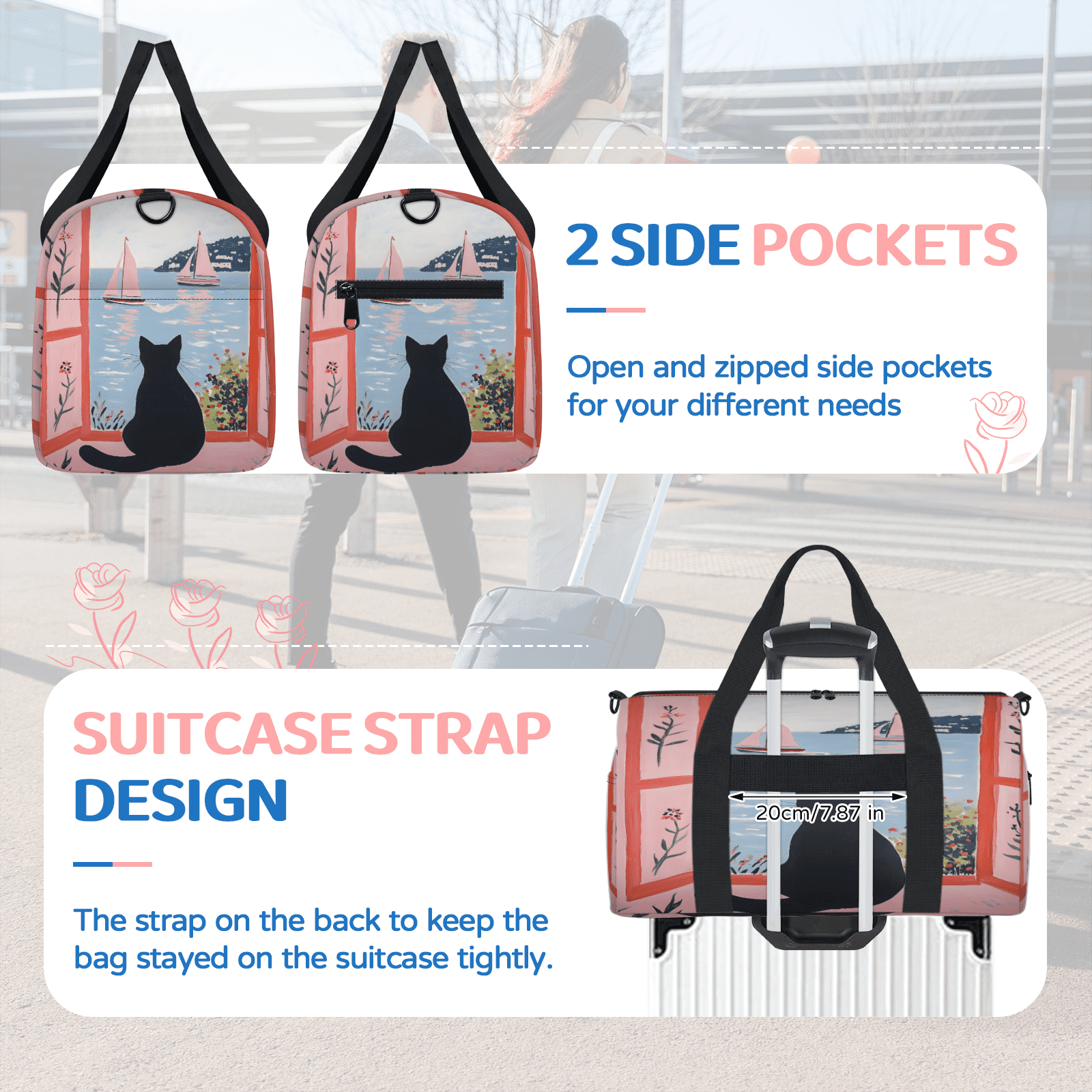 Herdesigns Cute Gym Bag for Women, Black Cat Duffle Bag for Travel Sport, Lightweight Waterproof Carry on Weekender Overnight Dance Yoga Workout Bags