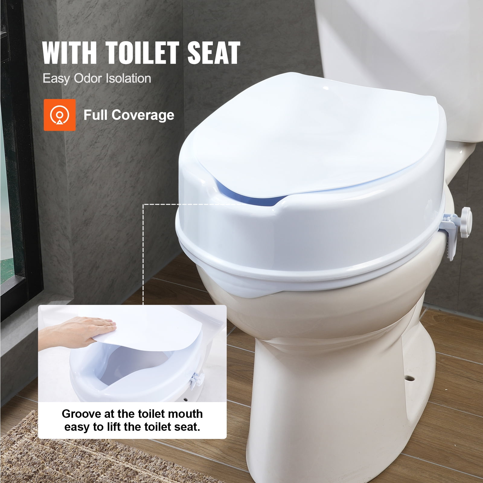 KFFKFF Raised Toilet Seat, Elevates 5" High, Supports up to 300 lbs, Universal Fit Toilet Seat Booster, Screw Rod Securing, Includes Toilet Seat, Ideal for Seniors, Disabled Individuals
