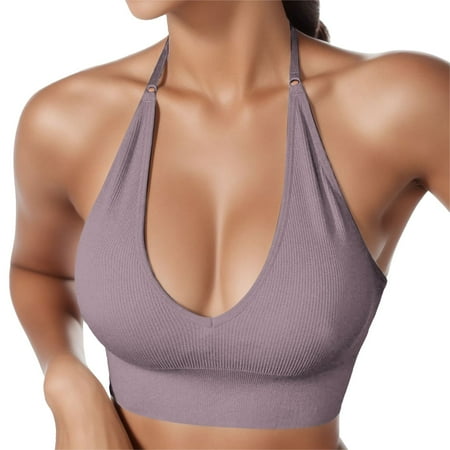 Women s Halterneck Sports Bra Backless Deep V Neck Sports Bustier Padded Gym Push up Bra Backless Adjustable Straps Bras for Women Purple S