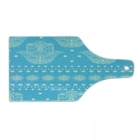 Hamsa Cutting Board, Theme Hamsa Hands Geometric and Floral Pattern Evil Eye Protection, Decorative Tempered Glass Cutting and Serving Board, in 3 Sizes, by Ambesonne