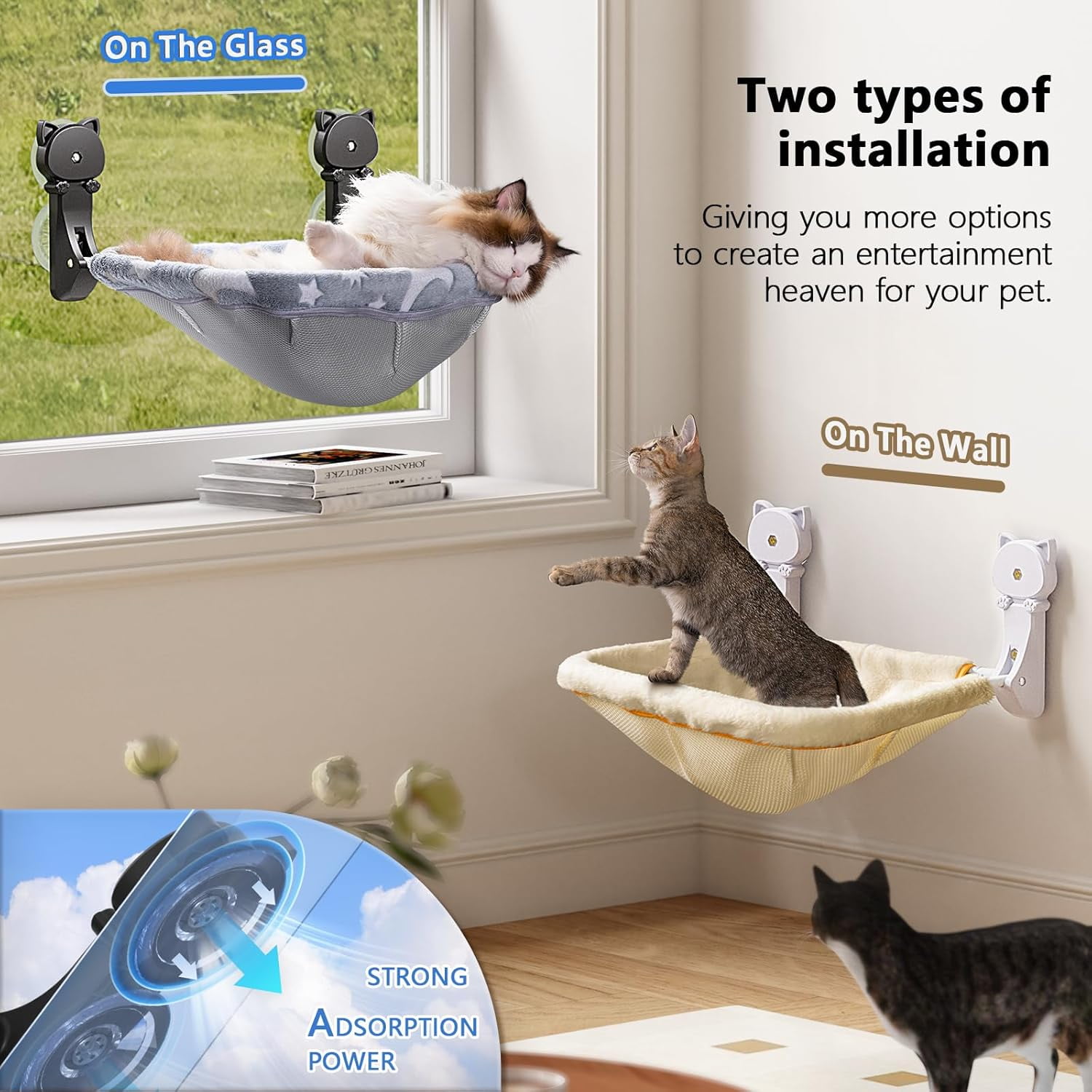 Cat Window Perch Cordless, Glow in The Dark & Stable Cat Beds- Breathable Window Hammock for Overlooking, Sunbathing and Climbing - Maximum Hold Up to 40lb(Grey)