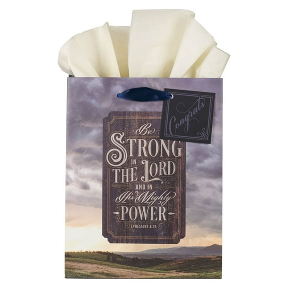 Christian Art Gifts Medium Portrait Inspirational Scripture Gift Bag, Tag & Wrapping Tissue Paper Set for Men & Women: Strong in the Lord Scenic Multicolor Mountain Landscape, Satin Ribbon Handles