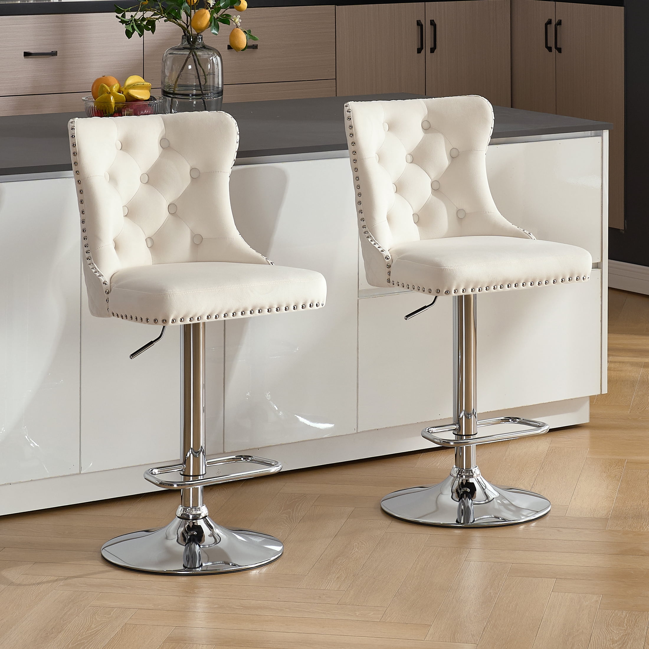 Velvet Bar Stools Set of 4 Modern Counter Height Bar Stools with Lion Pull Ring Tufted Back, Nailhead Upholstered Barstools for Home Kitchen Island, Swivel Adjustable Stool Chair in Cream