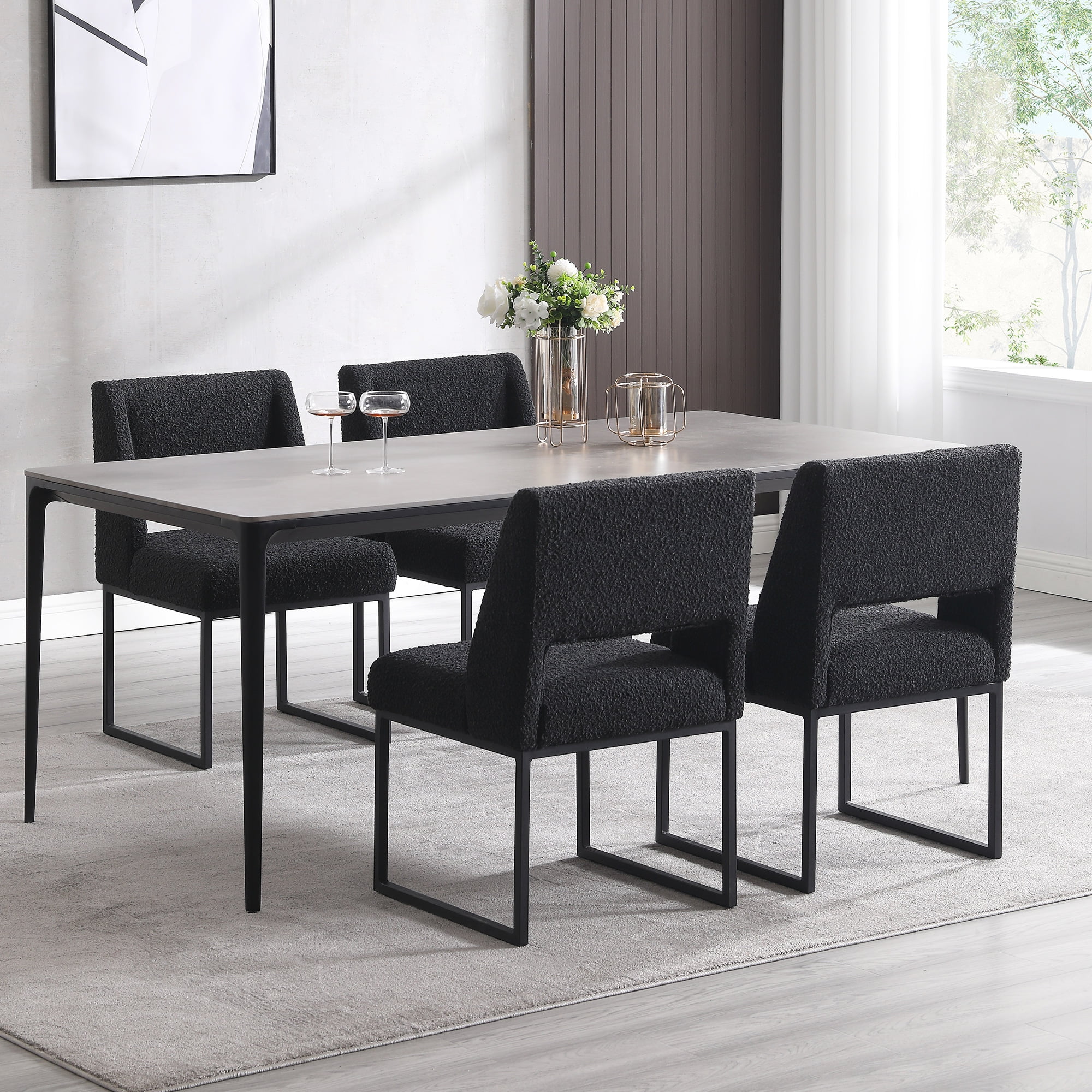 Zesthouse 18.3" Modern Dining Chairs Set of 4, Boucle Fabric Dining Room Chairs with High Back and Metal Legs, Armless Upholstered Side Chair for Dining Room Kitchen, Black