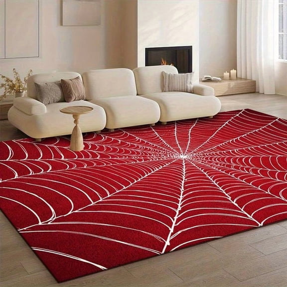 Red Spider Web Pattern Area Rug with Non-Slip Rubber Bottom