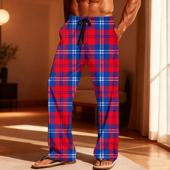 Zormilly Pajama Pants Men Plaid Straight Leg Lounge Pants with Pockets Drawstring Fashion Casual Checkered Sleep Pants, S-3XL