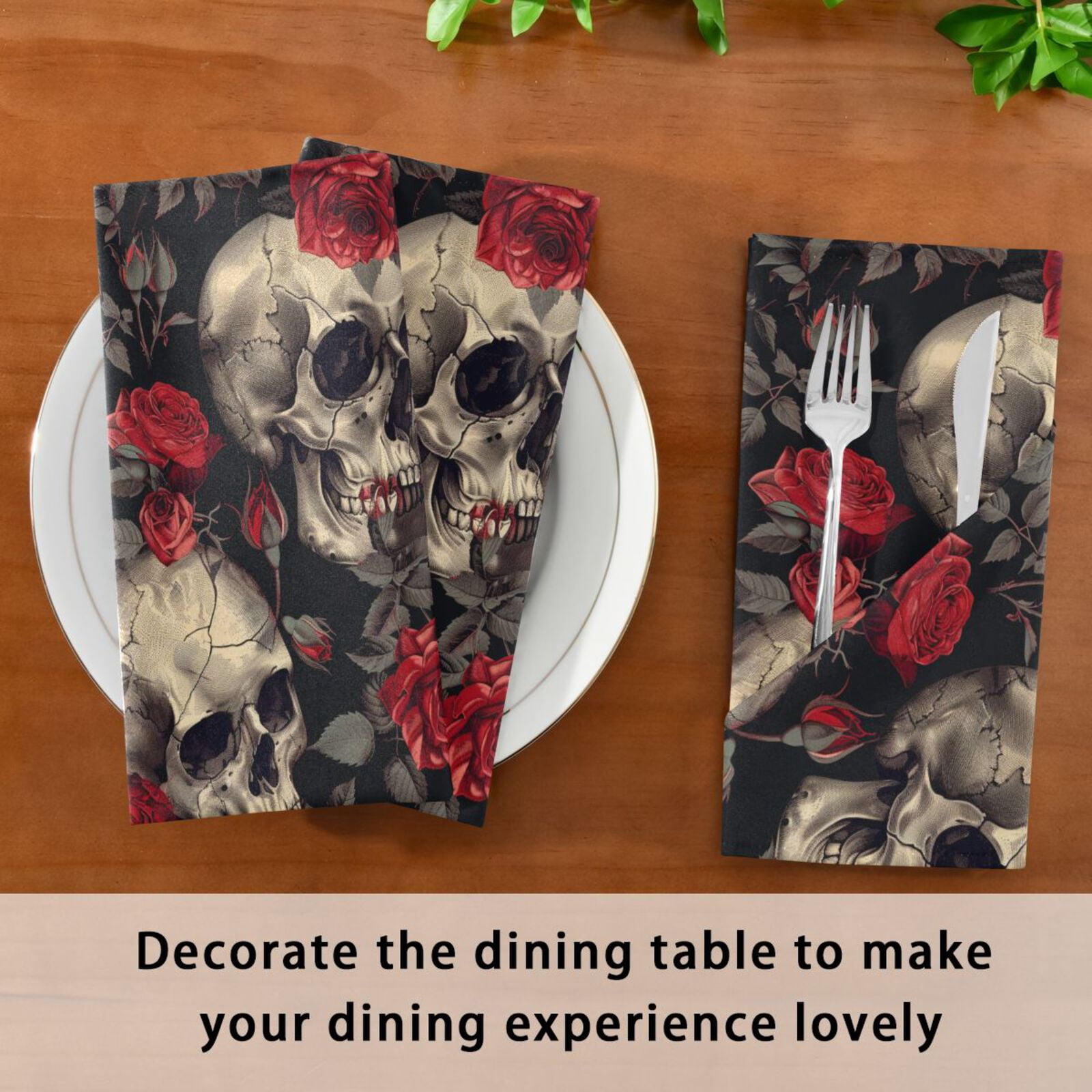 JSTEL Skull Red Rose Flower Floral Cloth Napkins Set of 6, 20x20 Inch Washable and Reusable Napkin for Decoupage Dinner Party Everyday Use