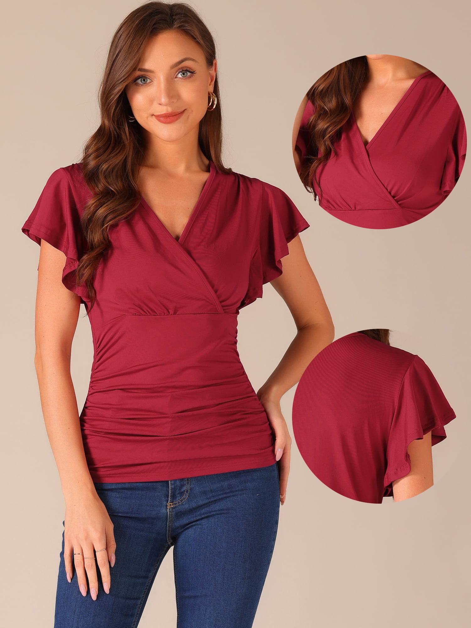 DARING DIVA Women's Stylish V Neck Cinched Waist Ruffle Sleeve Blouse S Dark Red