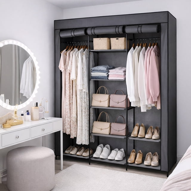 Closet Armable de Tela AGBOX Negro | Organizador de Ropa y Zapatos con Estructura Metálica | Ropero Portátil Ahorra Espacio Fácil de Armar