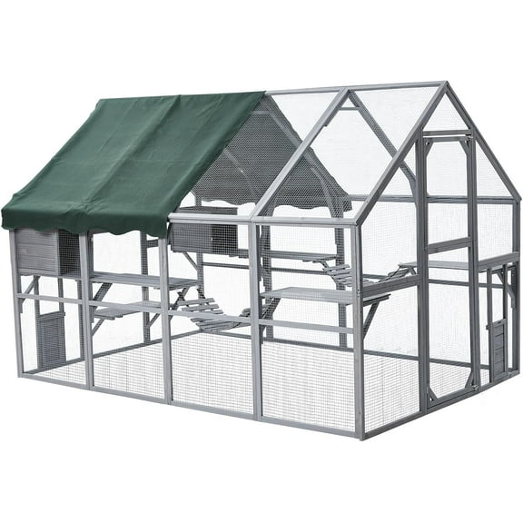 Extra Large Cat Enclosure,110 Inch Large Catio with Waterproof Roof, Pet Habitat for 57 FT² Space, Outdoor Pet House with 7 Platforms,2 Resting Box and 2 Bridges, for Kitty, Rabbit, Poultry Use
