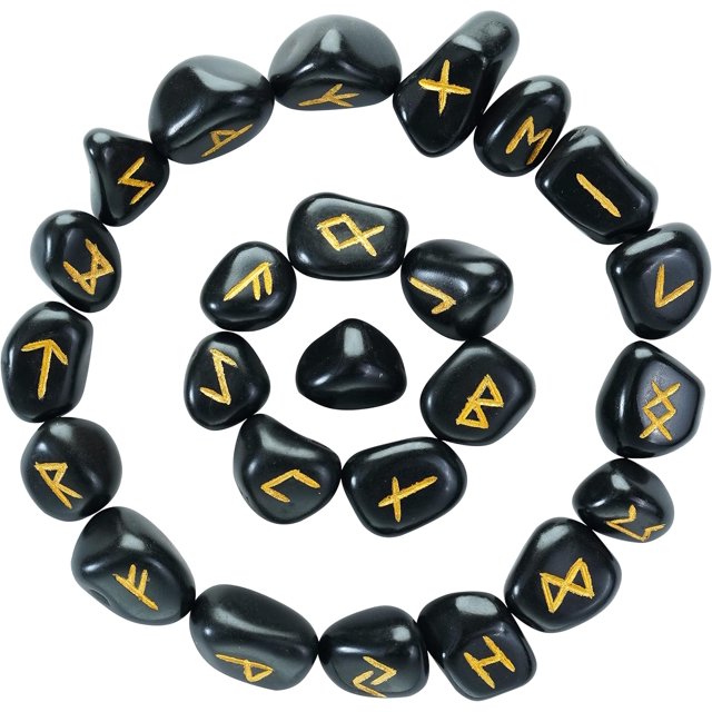 Crocon Black Tourmaline Gemstone Elder Futhark Alphabet Engraved Symbol Rune Stone 25 pcs Set for Feng Shui Chakra Balancing Reiki Healing Spiritual Metaphysical Size: 20-25 mm