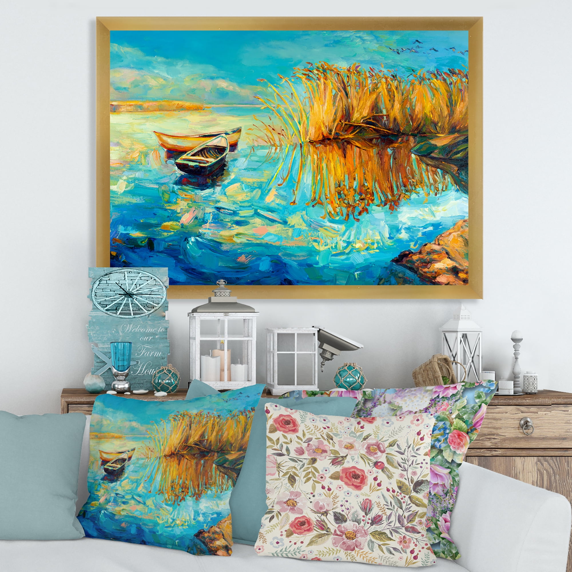 Orange Trees With Turquoise Lake During Sunset 40 in x 30 in Framed Painting Canvas Art Print, by Designart