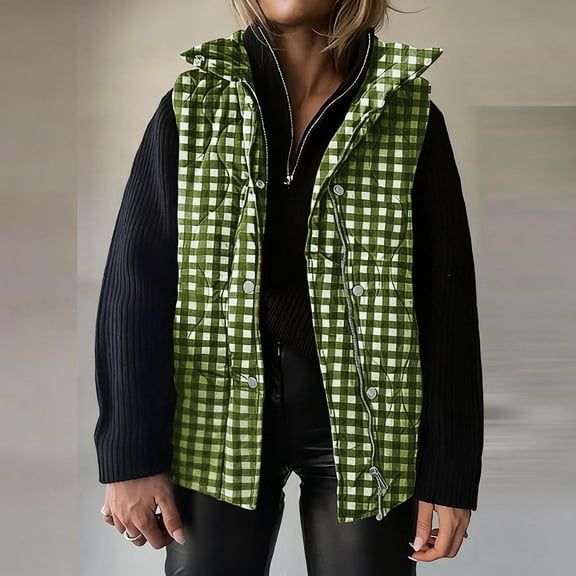 Gamivast Plaid Quilted Vest for Women Lightweight Padded Stand Collar Sleeveless Jackets Fall Winter 2025 Button Zip up Coat Warm Side Split Outerwear with Pockets