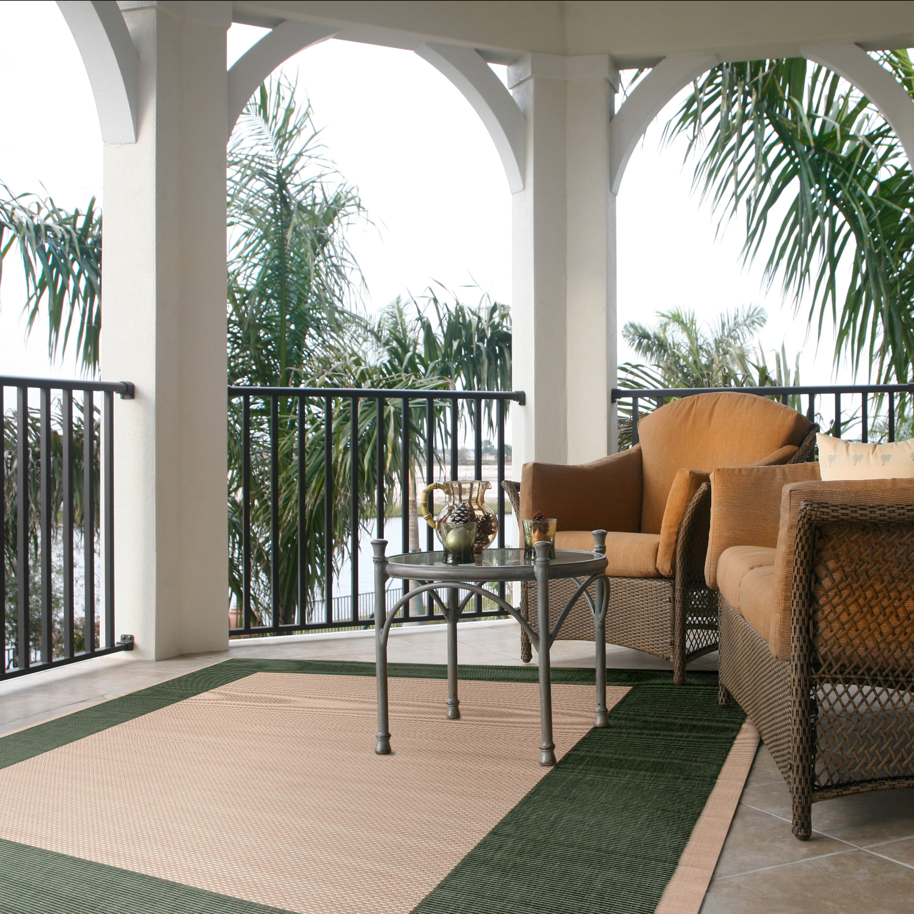 Safavieh Courtyard Justine Bordered Indoor/Outdoor Area Rug, Beige/Dark Green, 10' x 14'