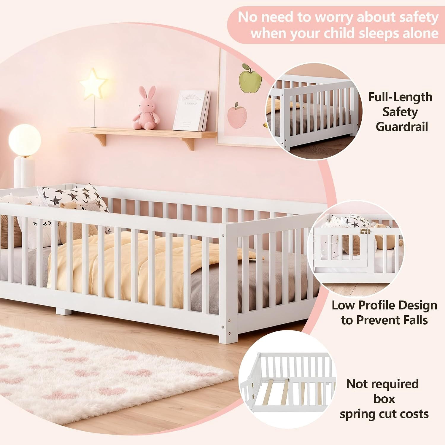Twin Size Kids Floor Bed with Door and Full-Length Guardrails, Wood Montessori Floor Bed with Support Slats, Toddler Bed for Boys Girls, No Box Spring Needed Design