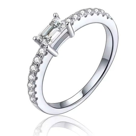 CAUER India 14K White Gold Plated Sterling Silver Moissanite Emerald & Round Victorian Ring – D-E, VVS1-VVS2, Heat Treated, 6-Month Warranty
