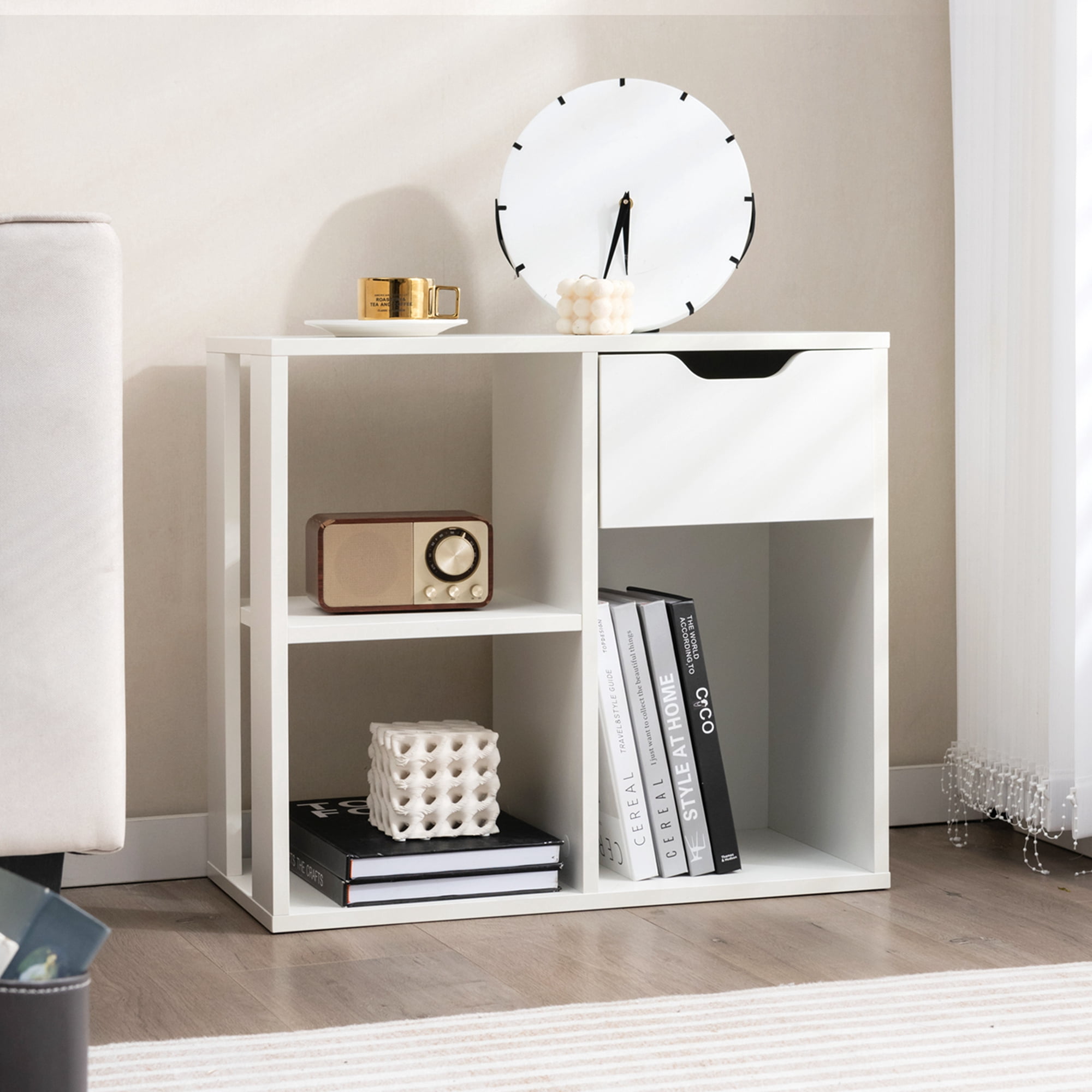Costway 3-Cube Bookcase Organizer with 2-tier Wooden Storage Shelf & Pull-out Drawer