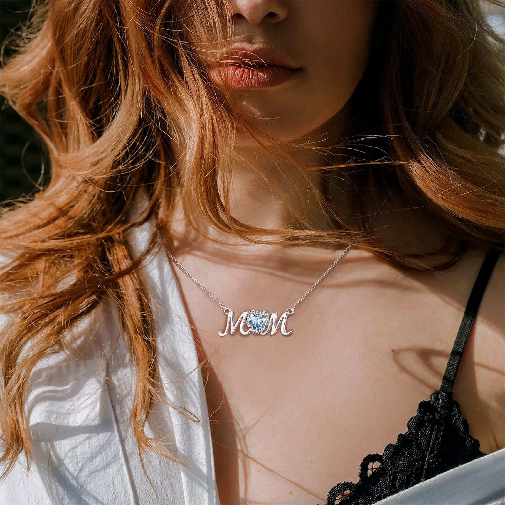 Bestyle Pure S925 Sterling Silver Necklace for Mom Grandma Shiny CZ Heart Pendant Necklace March Created Aquamarine Birthstone Jewelry Mother's Day Gifts