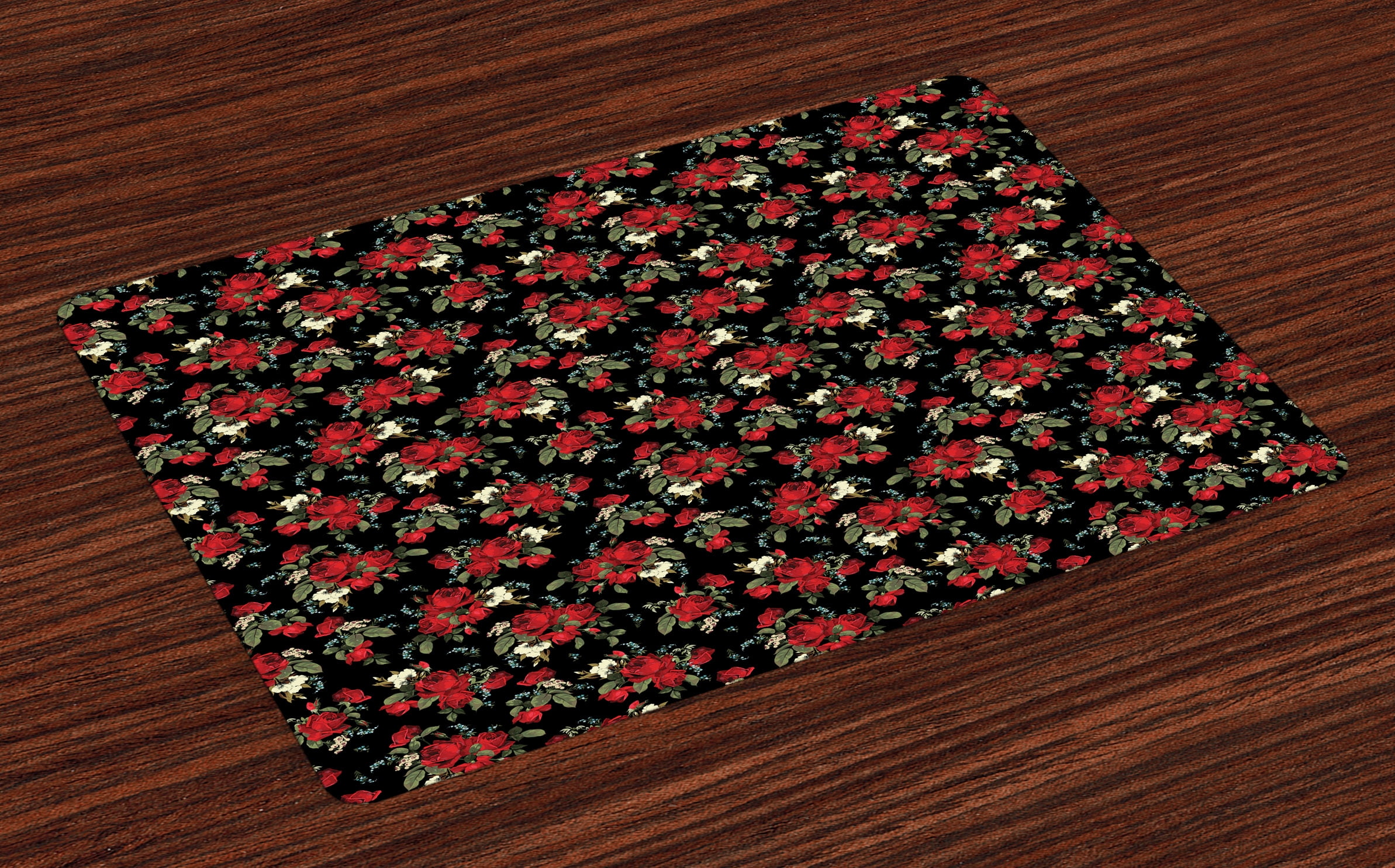Red and Black Placemats Set of 4 Shabby Chic Garden Farm Flowers Leaves
