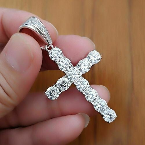 Lab-Created 2CT Round Cut Diamond Cross women's Pendant 14K White Gold Finish