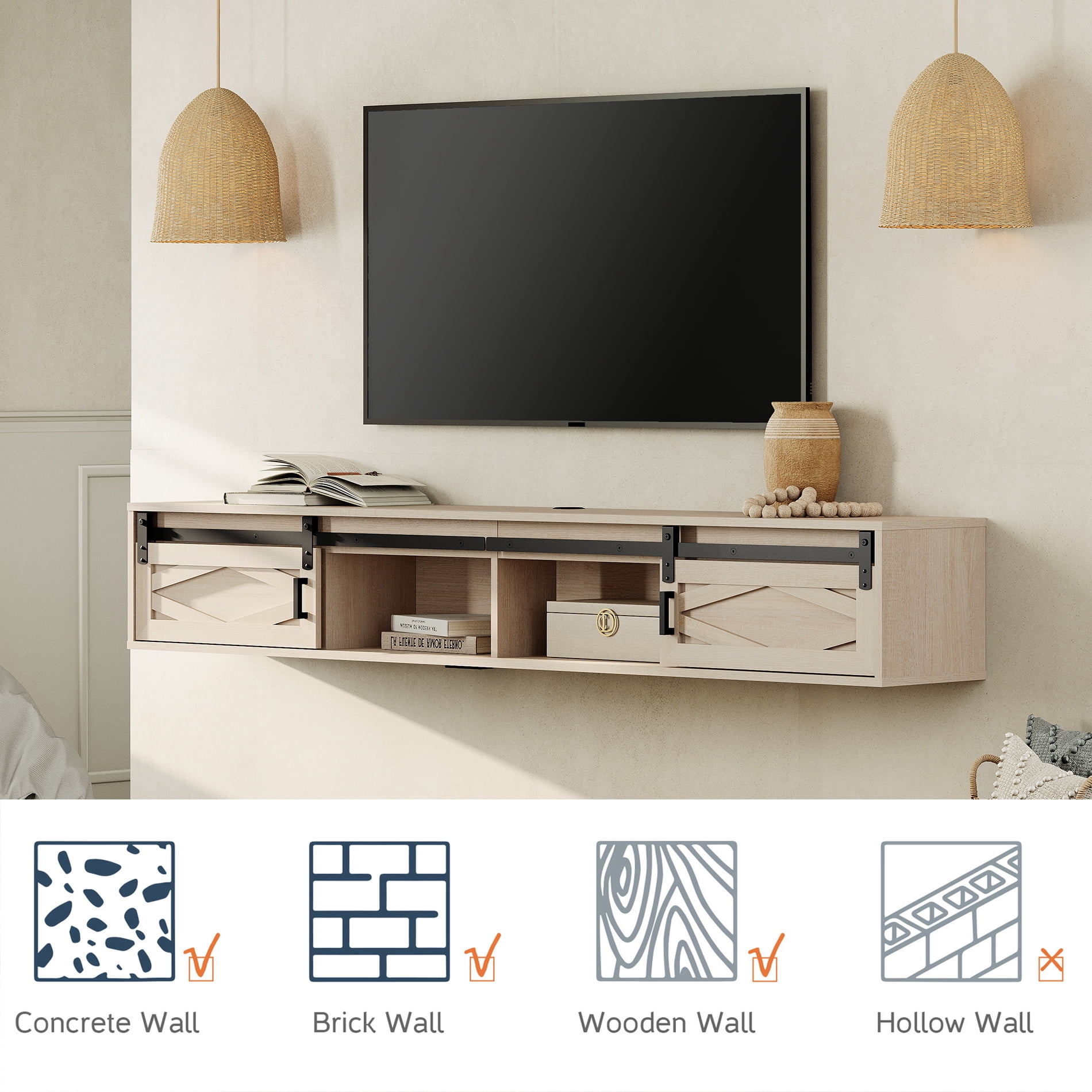 Sliding Barn Door Floating TV Stand with Charging Station，Oak