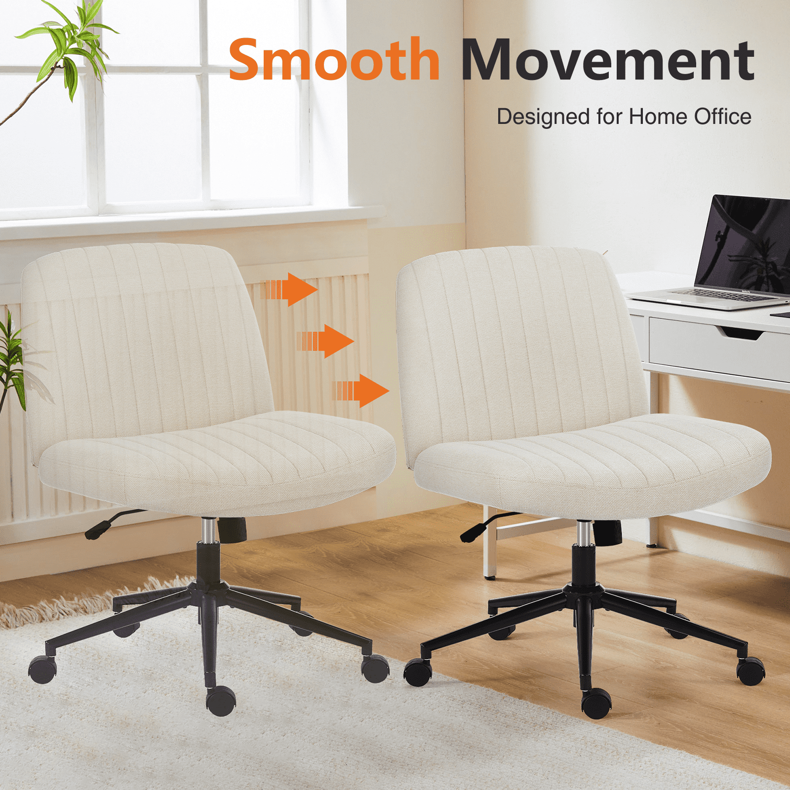 MAYEERTY Office Desk Vanity Chair Cross Legged Armless Swivel Fabric Height Adjustable Wide Seat with Replaceable Wheels/Fixed Base, Comfy Task Chair Padded