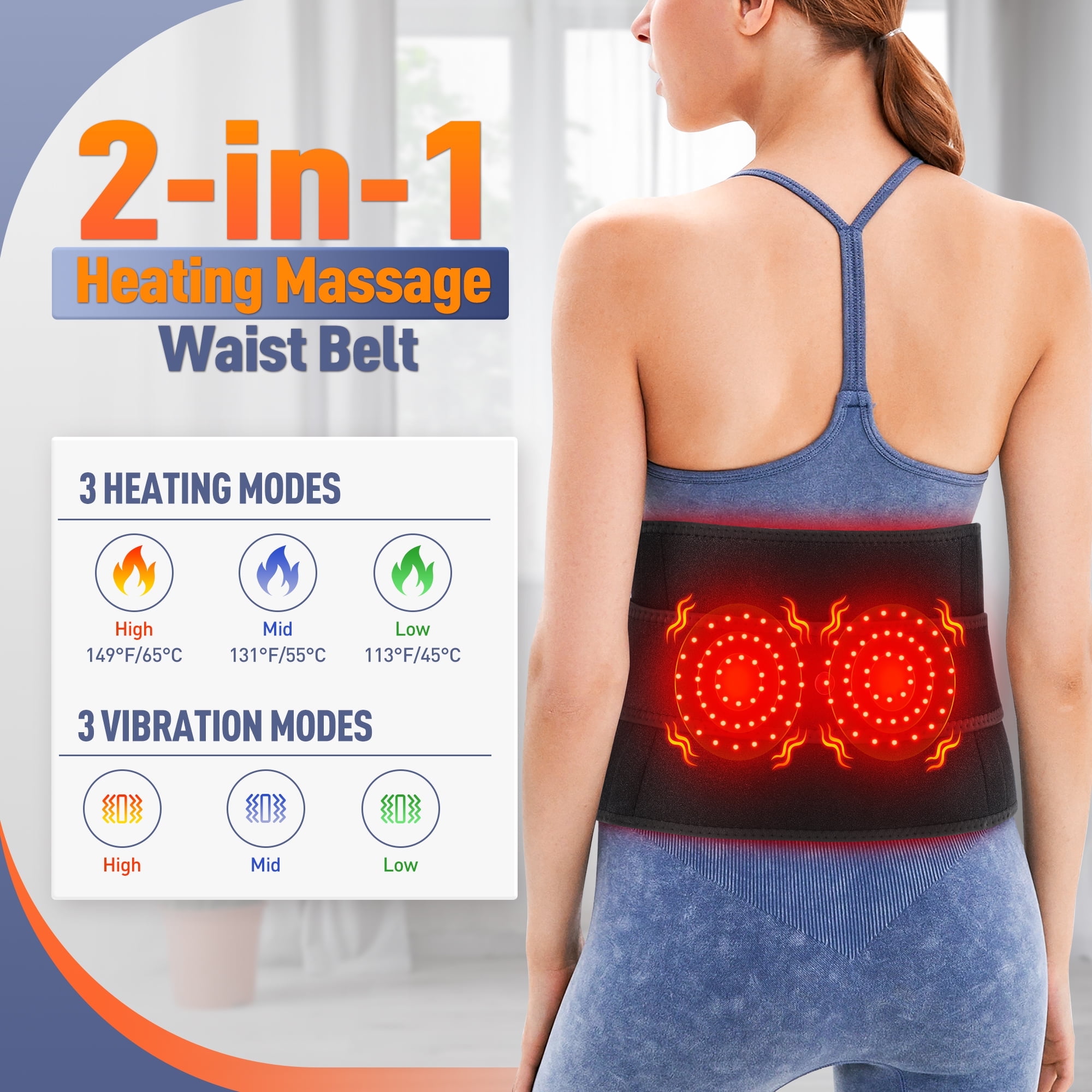 Waist Heated Massager, Lower Back Heating Pad with Led Light & Massage, Back Heated Massage Brace Wrap with 3 Heating & Vibration, 30min Auto Off, 5000mAh Battery, Extension Strap, Black