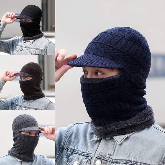 TELOLY Balaclava Face Mask Men - Knit Beanie Ski Masks Neck Gaiter with Ears Covers for Running Outdoor, Winter Hats for the Cold, Thermal Adult Brimmed Ninja Caps
