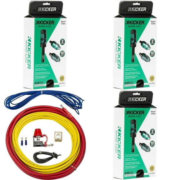 Kicker 47KMPK8 Marine 8awg Amp Power Kit & (3) 47KMI10 10 Meter RCA Cable